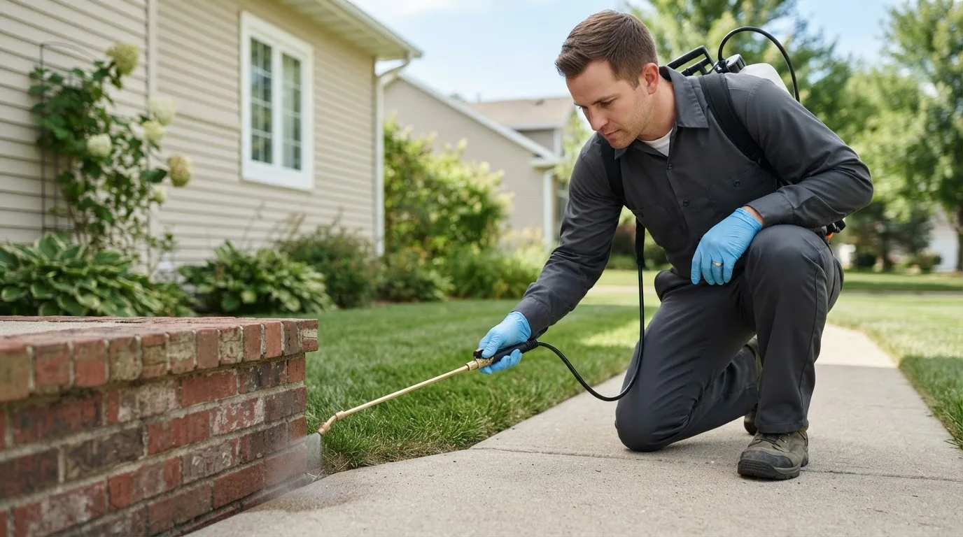 Pest control technician treating a home near Astoria, IL