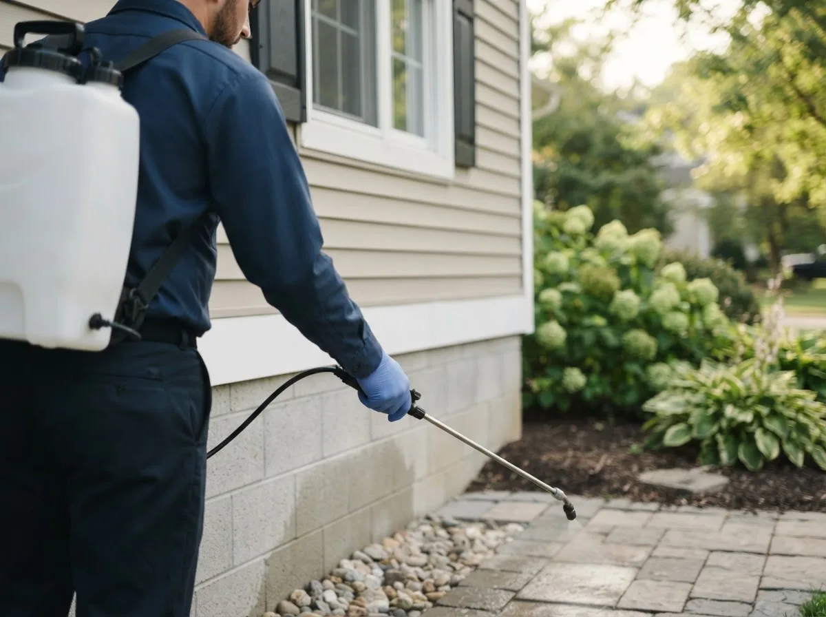 Pest control technician inspecting a home in Astoria, IL